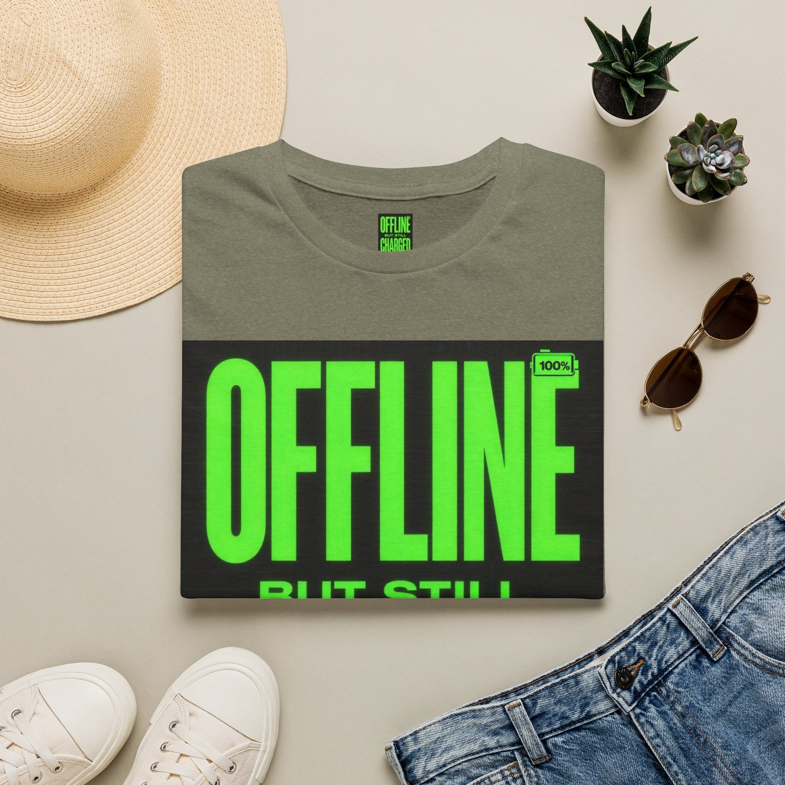Offline But Still Charged T-Shirt — Neon Green Graphic Tee - Image 17