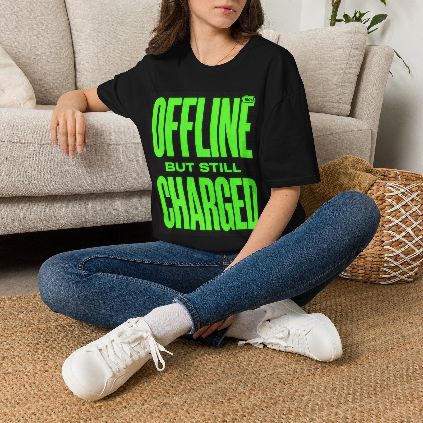 Offline But Still Charged T-Shirt — Neon Green Graphic Tee - Image 6