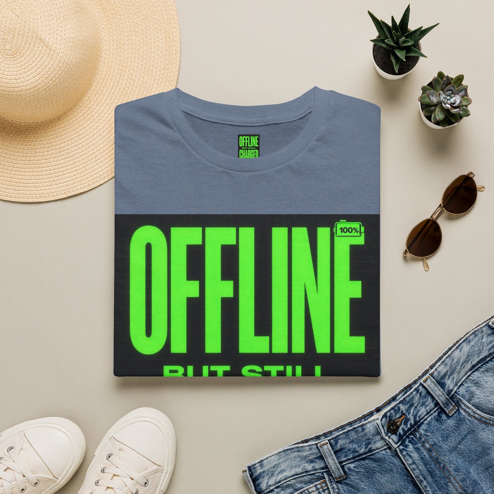 Offline But Still Charged T-Shirt — Neon Green Graphic Tee - Image 29