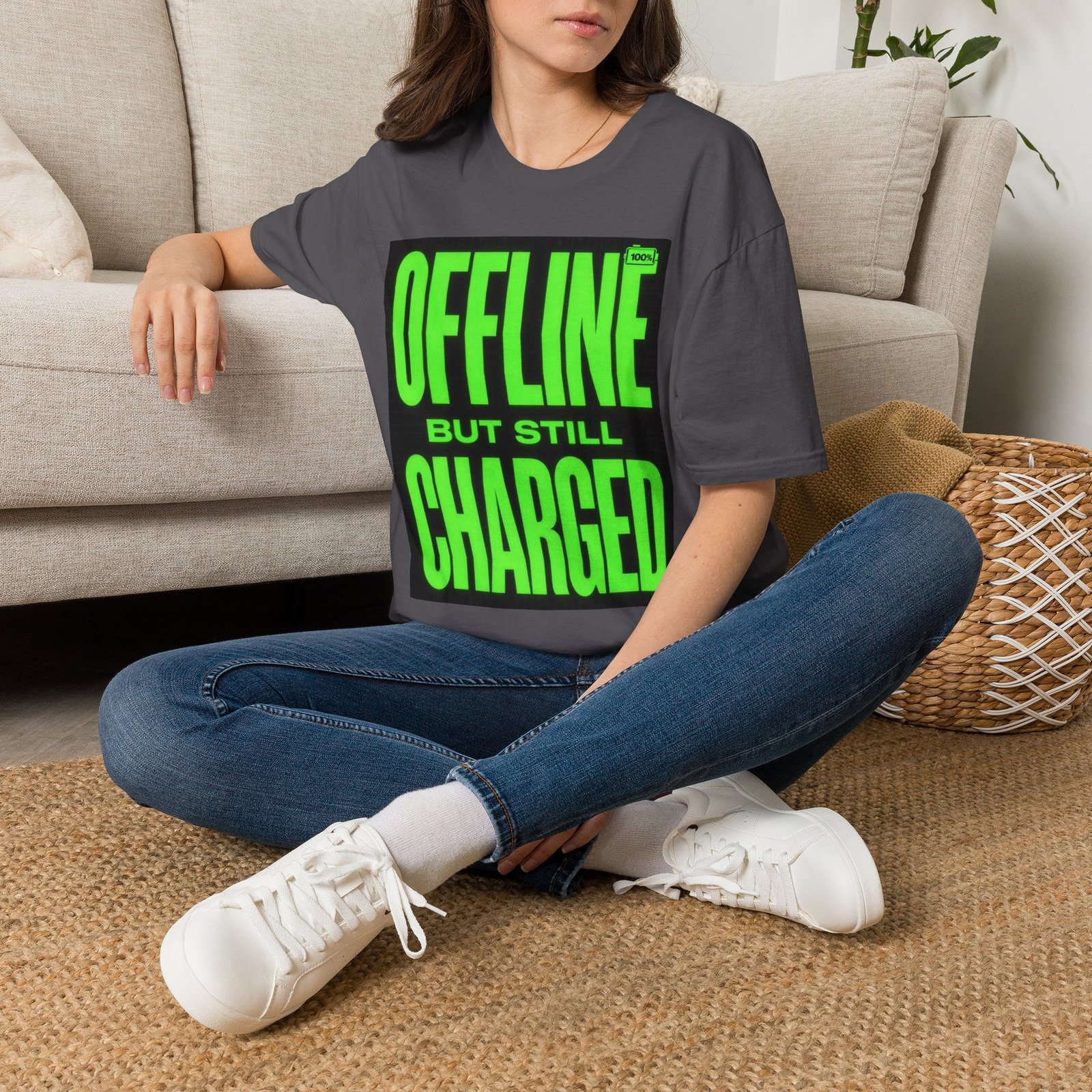 Offline But Still Charged T-Shirt — Neon Green Graphic Tee - Image 34