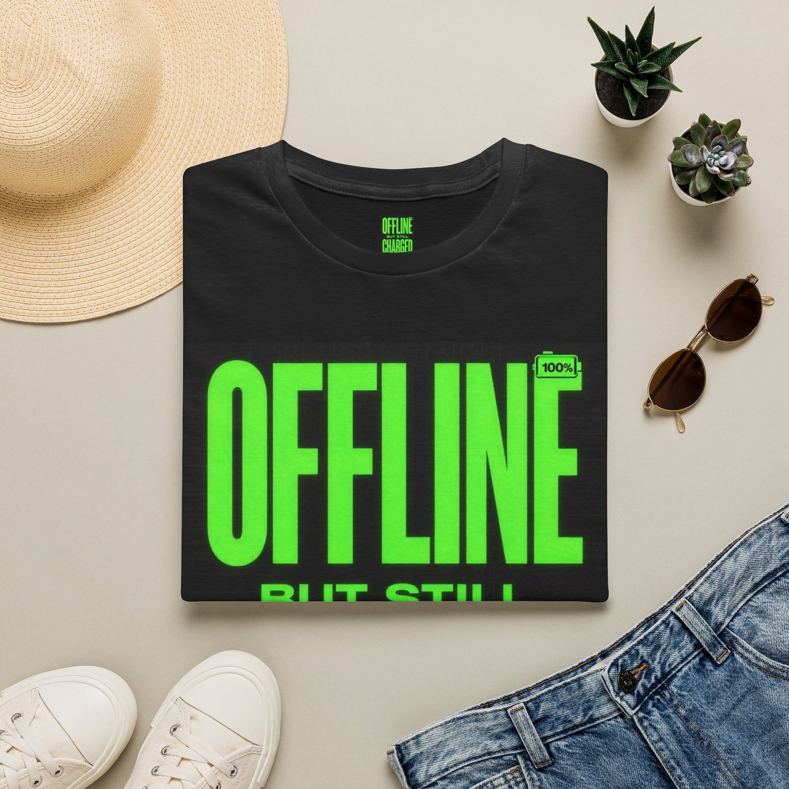 Offline But Still Charged T-Shirt — Neon Green Graphic Tee - Image 5