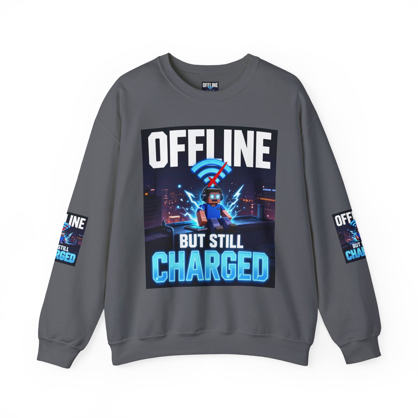 Crewneck Sweatshirt — “Offline But Still Charged” Gamer Graphic - Image 37