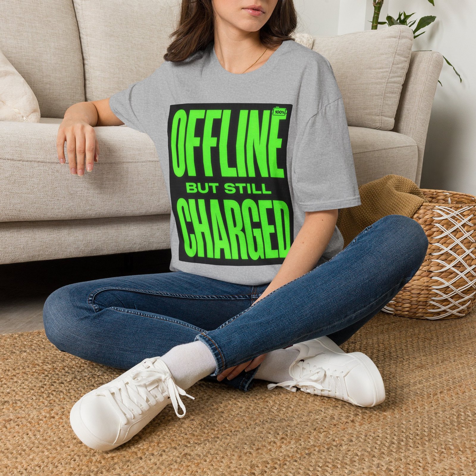 Offline But Still Charged T-Shirt — Neon Green Graphic Tee - Image 14