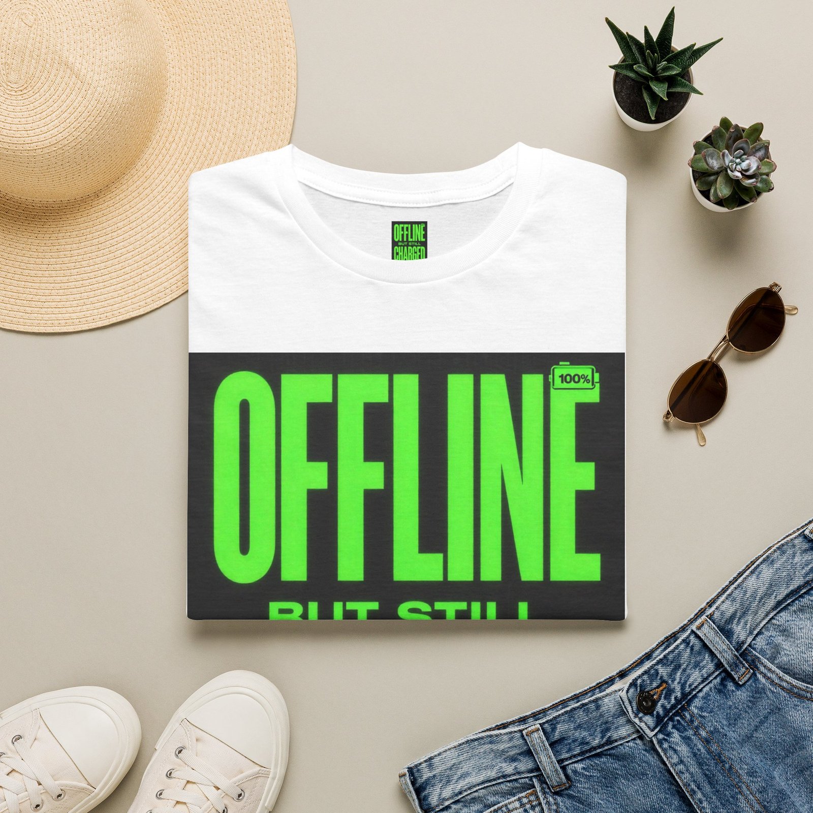 Offline But Still Charged T-Shirt — Neon Green Graphic Tee