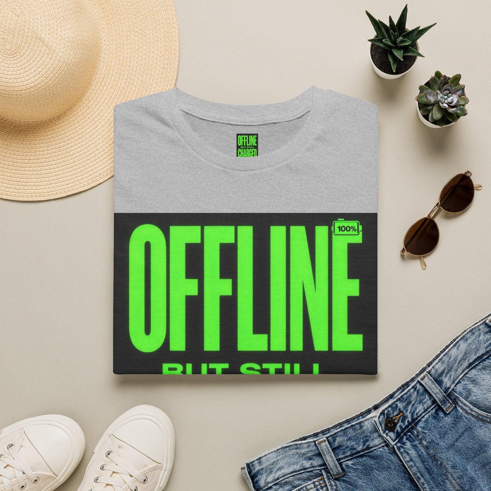 Offline But Still Charged T-Shirt — Neon Green Graphic Tee - Image 13