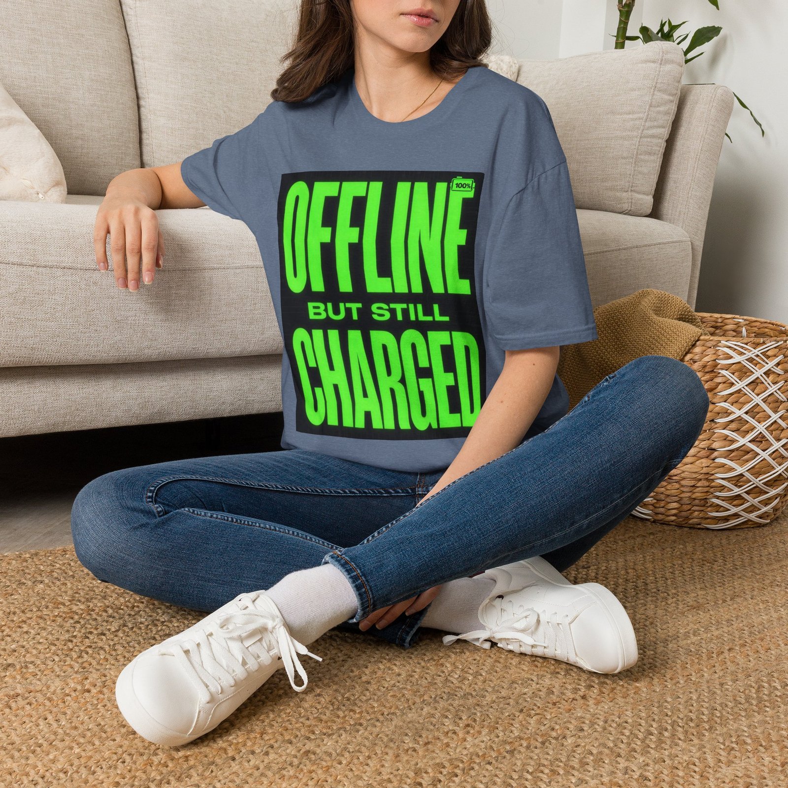 Offline But Still Charged T-Shirt — Neon Green Graphic Tee - Image 30