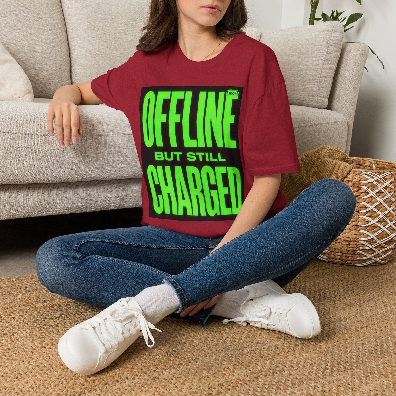 Offline But Still Charged T-Shirt — Neon Green Graphic Tee - Image 46