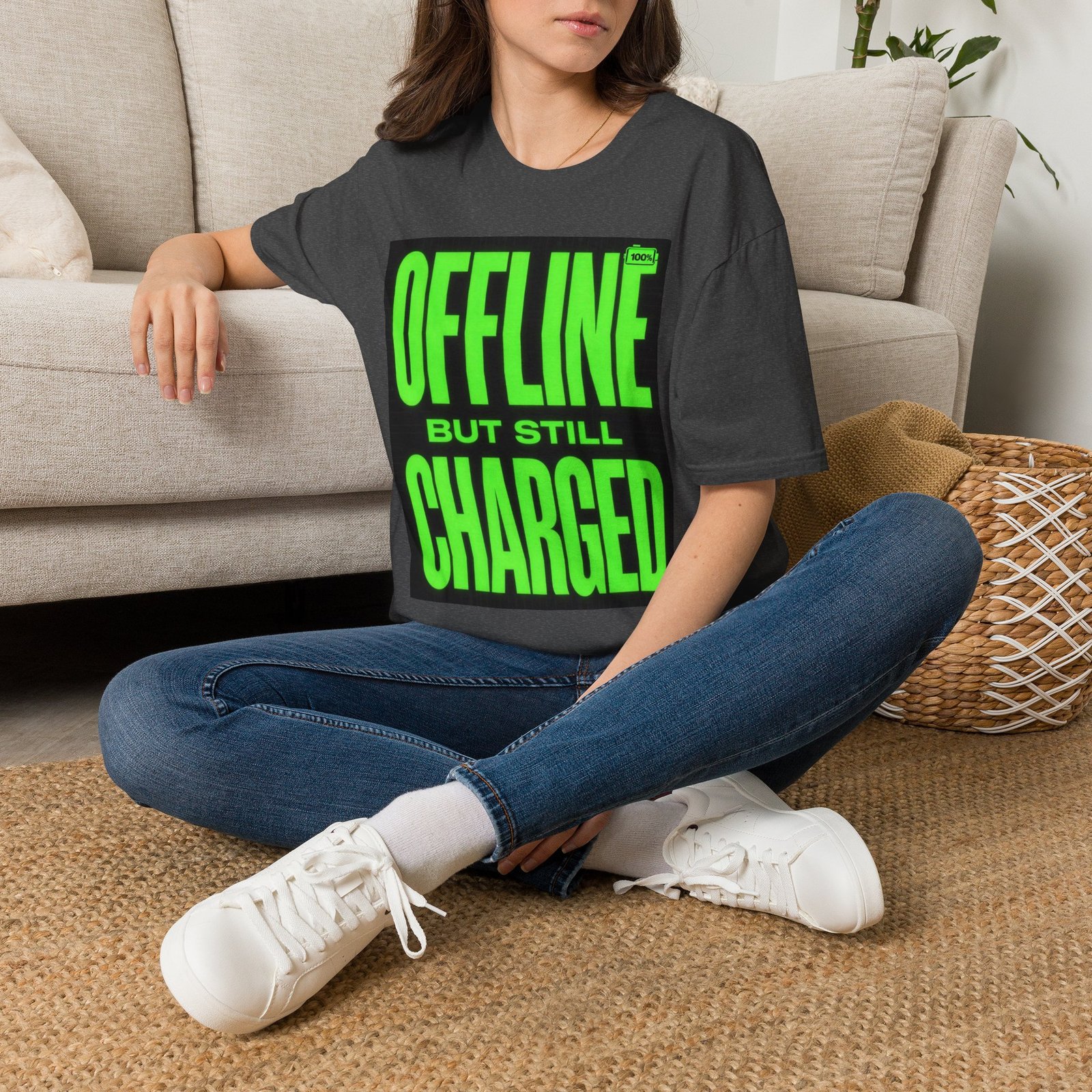 Offline But Still Charged T-Shirt — Neon Green Graphic Tee - Image 26