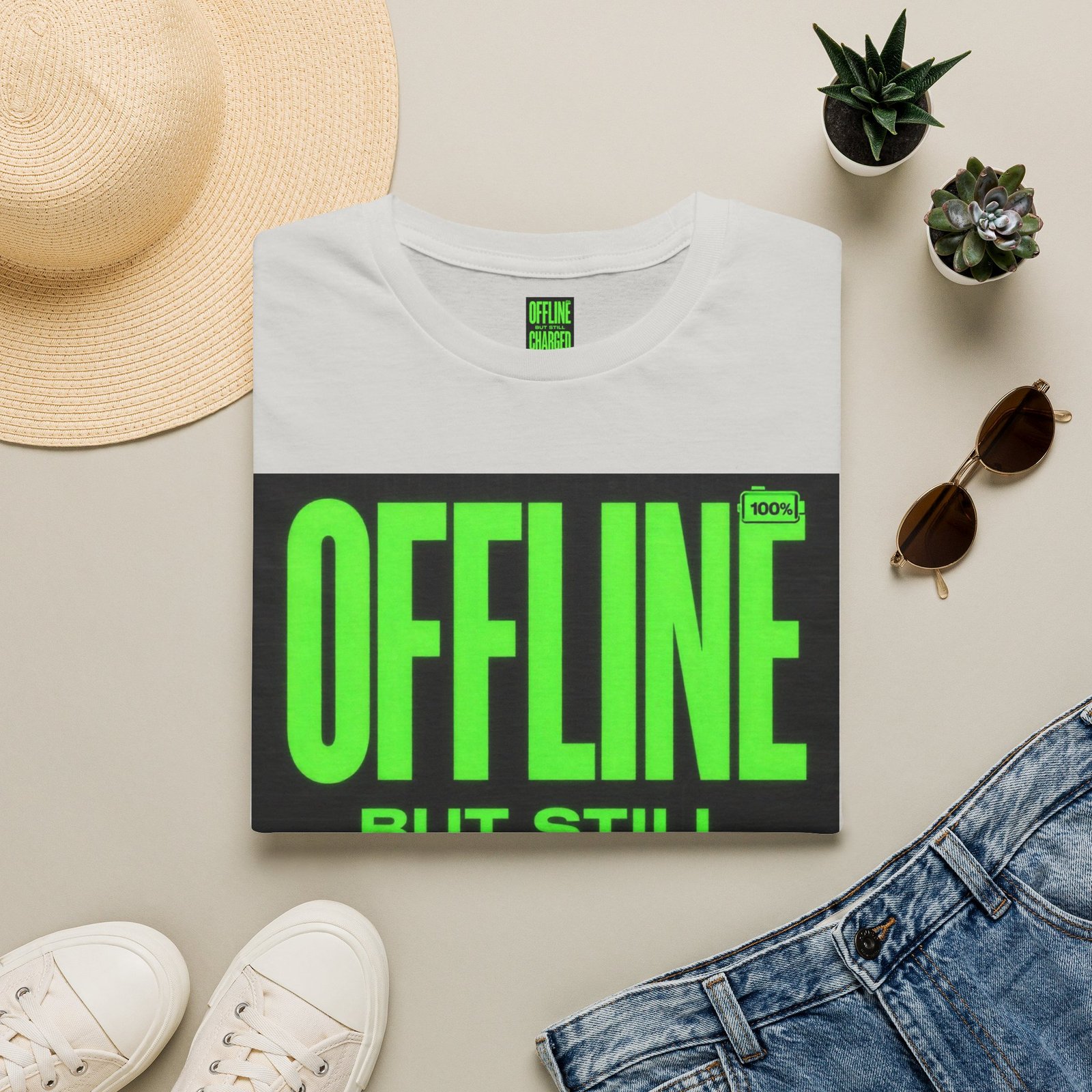 Offline But Still Charged T-Shirt — Neon Green Graphic Tee - Image 9