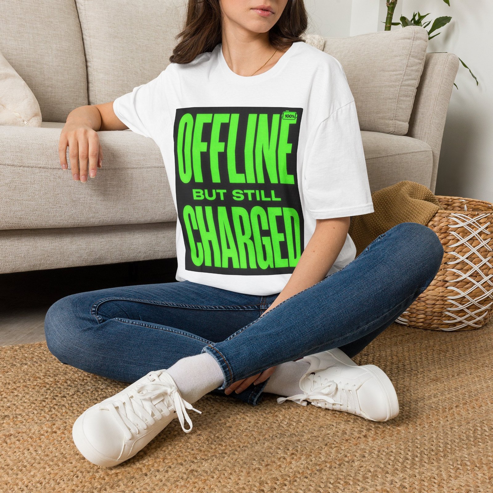 Offline But Still Charged T-Shirt — Neon Green Graphic Tee - Image 2