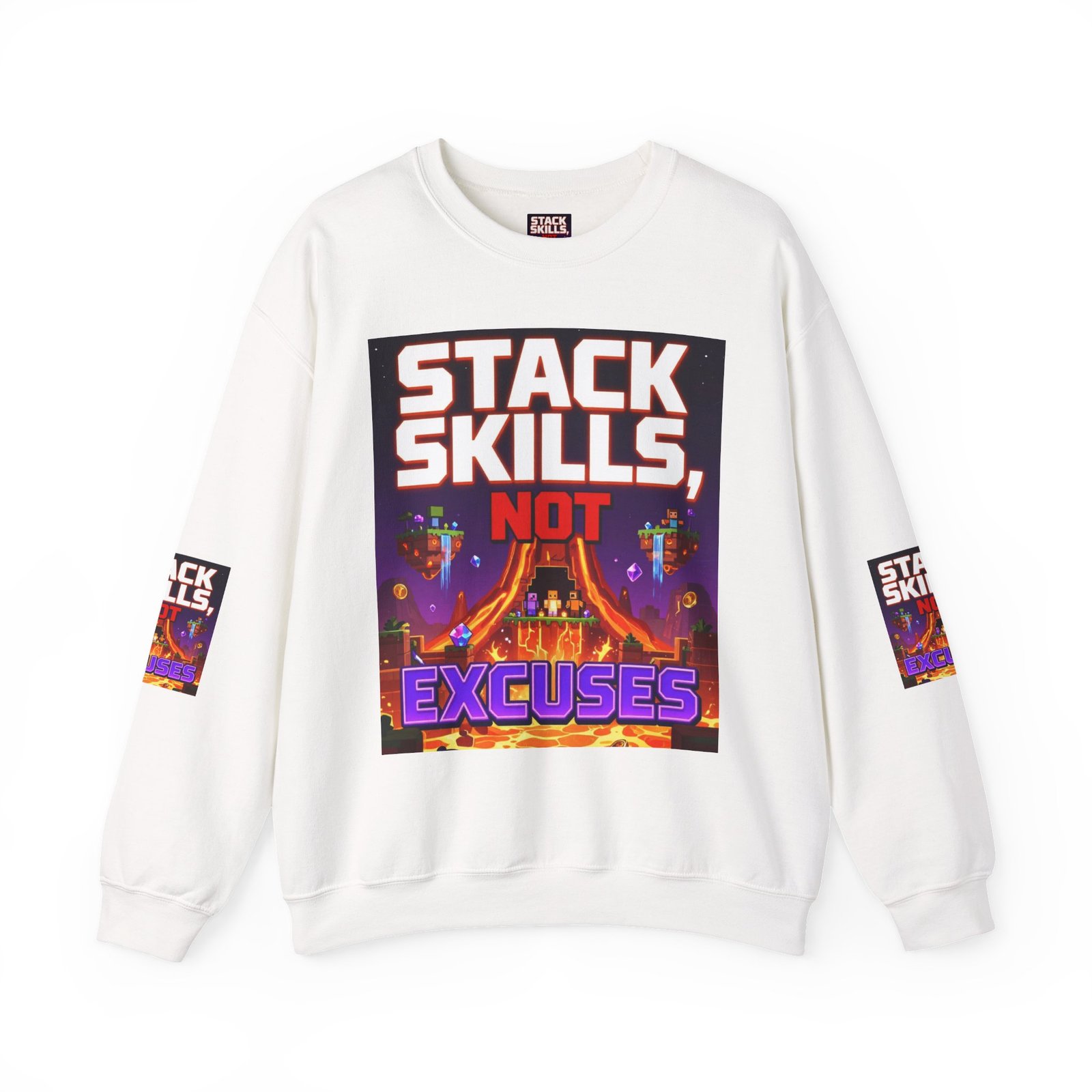 Crewneck Sweatshirt — "Stack Skills, Not Excuses" Motivational Gamer Graphic