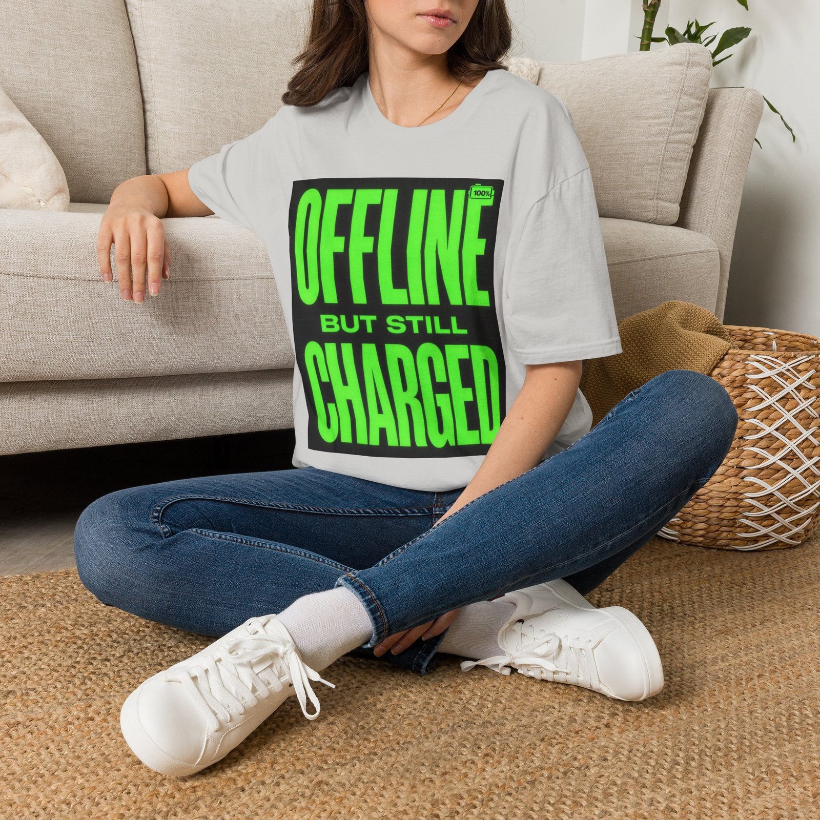 Offline But Still Charged T-Shirt — Neon Green Graphic Tee - Image 10