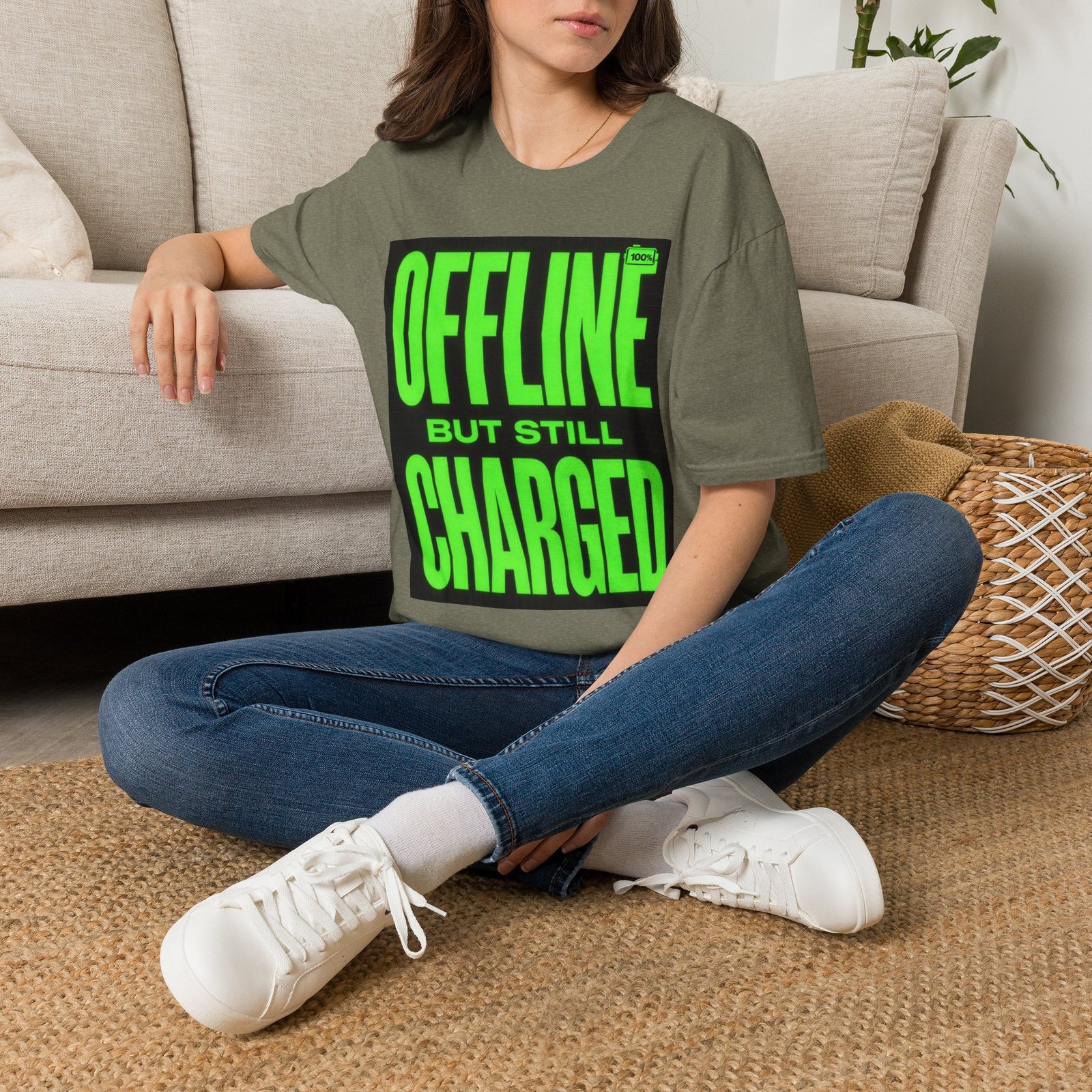 Offline But Still Charged T-Shirt — Neon Green Graphic Tee - Image 18