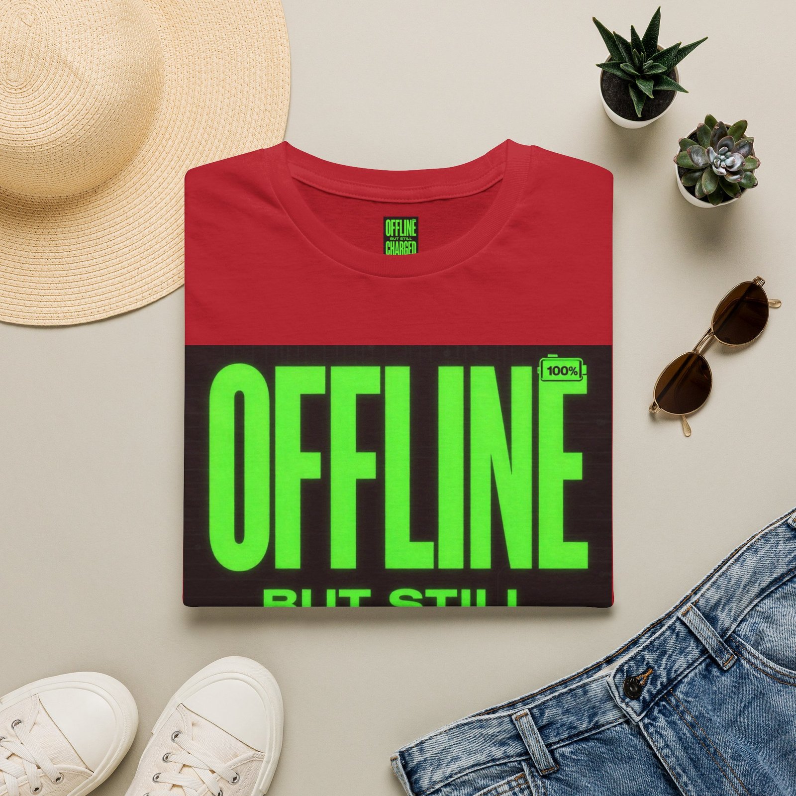 Offline But Still Charged T-Shirt — Neon Green Graphic Tee - Image 49
