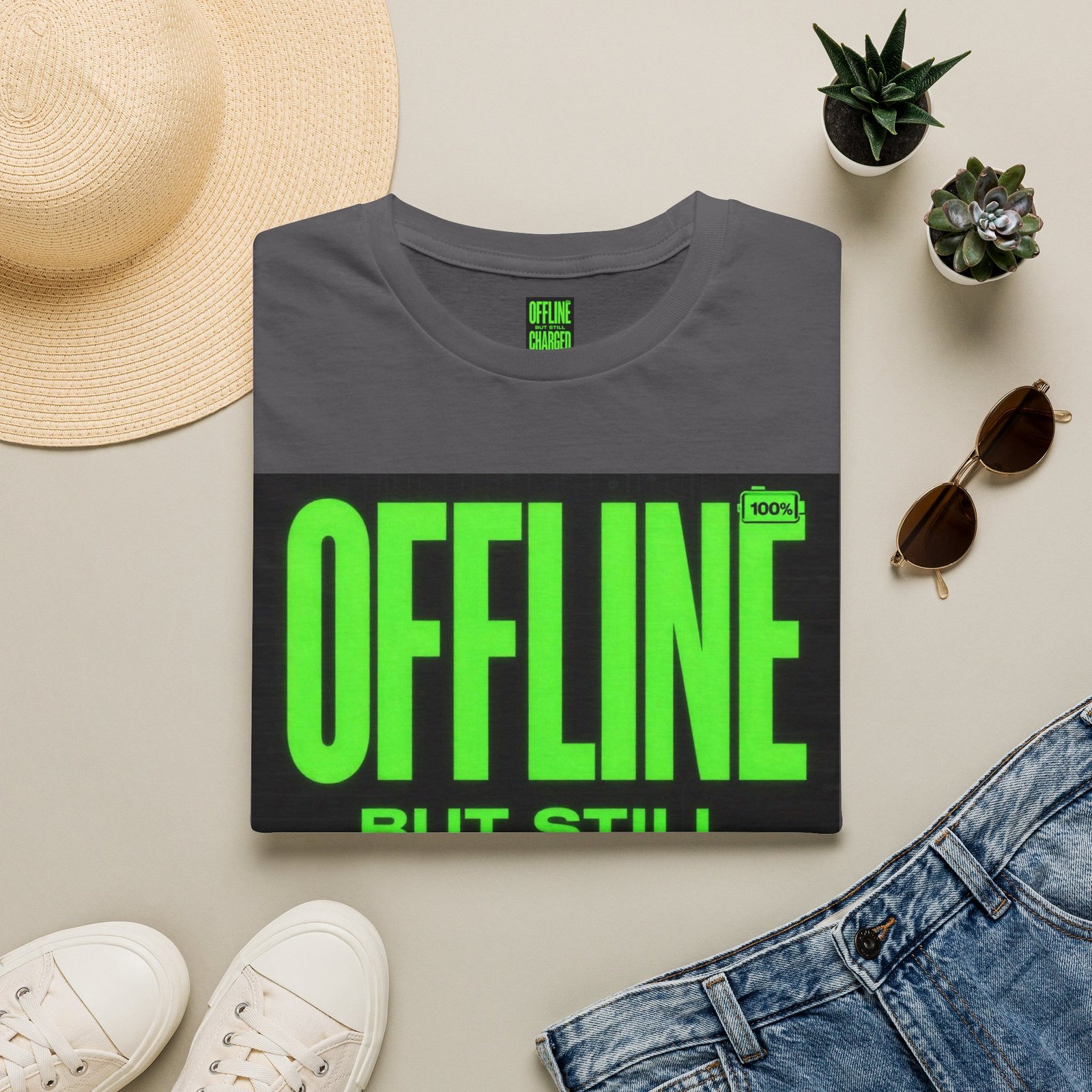Offline But Still Charged T-Shirt — Neon Green Graphic Tee - Image 33